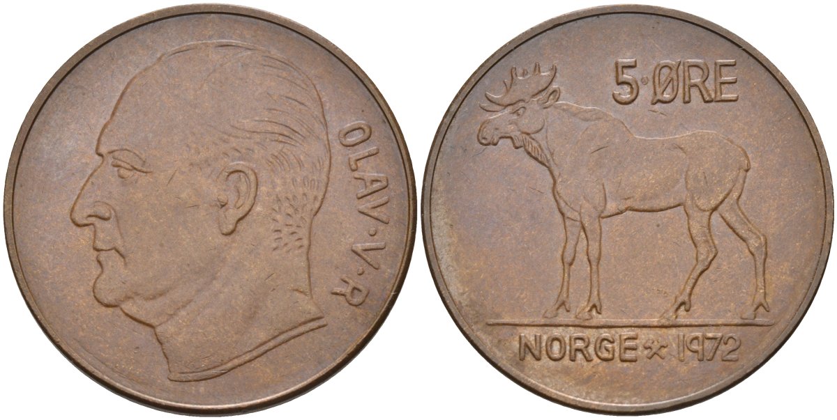 Норвегия 5 эре 1972 лось, Улаф V (1958-1991) KM 405 бронза aUNC 4111-616