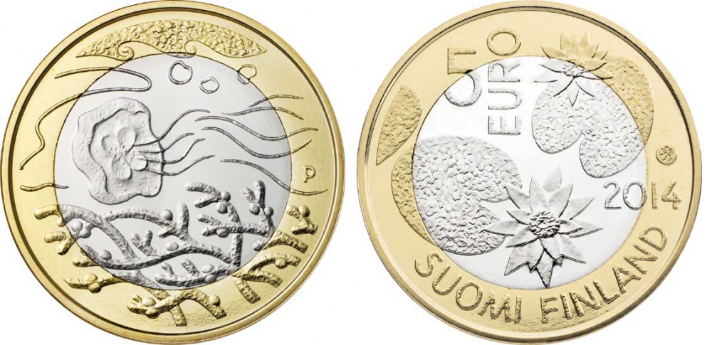 Финляндия 5 евро 2014 серия природа севера, вода KM 200 биметалл UNC M21-9