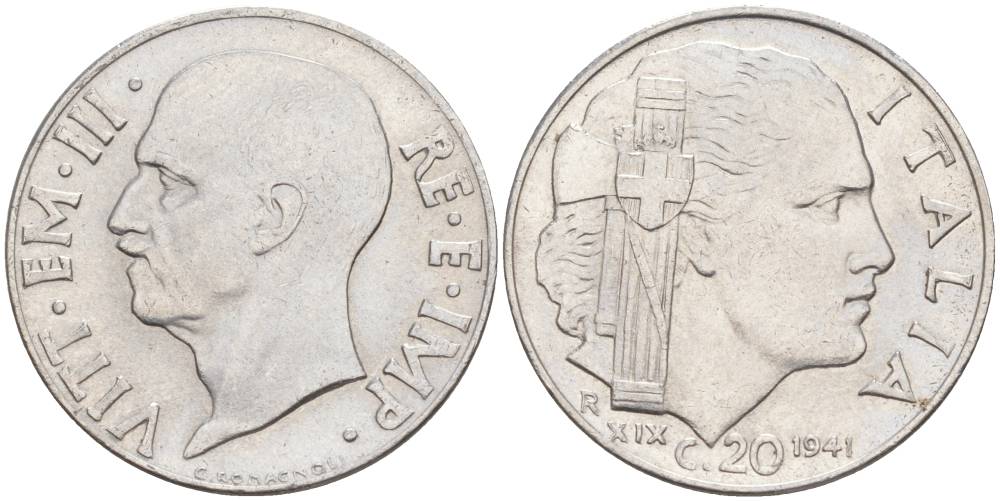 ИТАЛИЯ 20 ЧЕНТЕЗИМО 1941 R, ГОД XIX, ВИКТОР ЭММАНУИЛ III (1900-1946) KM 75b, VEM3. 1028 нержавеющая сталь 3853-1122