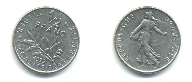 Франция 1/2 франка 1972 сеятель KM 931.1, LE FRANC 198.11 никель 25-847