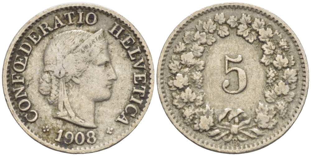 ШВЕЙЦАРИЯ 5 РАППЕНОВ 1908 В KM 26 медно-никель 3955-1126