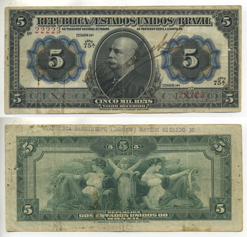 БРАЗИЛИЯ 5 МИЛ РЕЙСОВ 1913 ESTAMPA 14A Pick 24 бумага 450-117-3