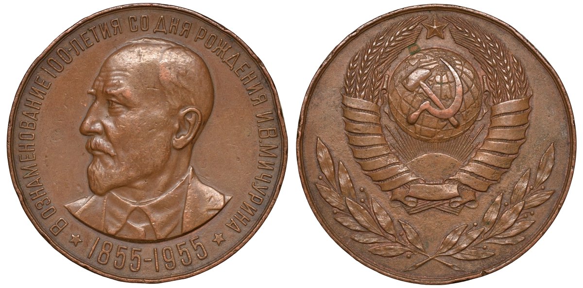СССР медаль 1955 В память 100-летия со дня рождения И.В. Мичурина. Медальер С.Л. Тульчинский, тираж 570 экземпляров, 50,1 мм, 77,85 гр, Шкурко 117 томпак 00-00