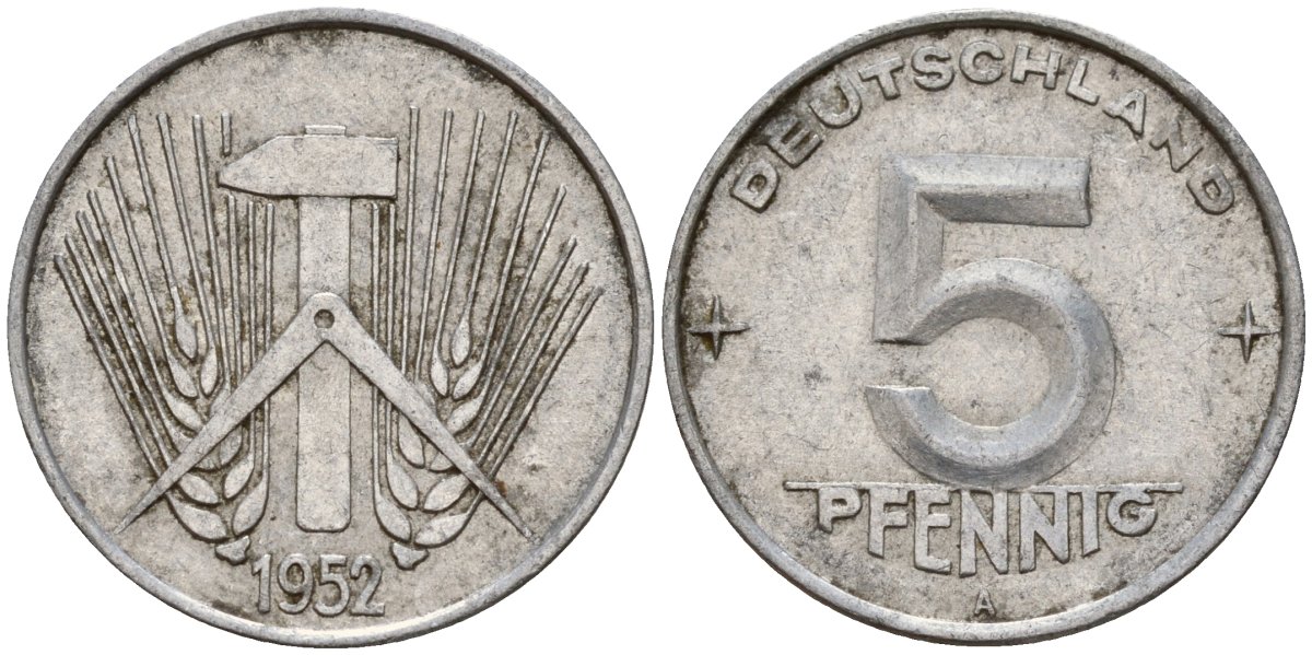 ГДР 5 пфеннигов 1952 A KM 6 алюминий 206-366