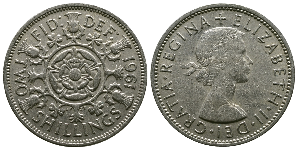 Великобритания 2 шиллинга (флорин) 1961 Елизавета II (1952-2022) KM 906, Spink 4146 медно-никель 4382-233