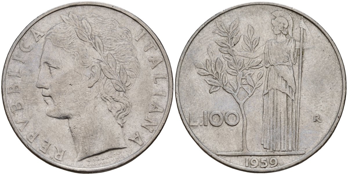 Италия 100 лир 1959 R, Афина у оливкого дерева KM 96.1 нержавеющая сталь 4149-1213