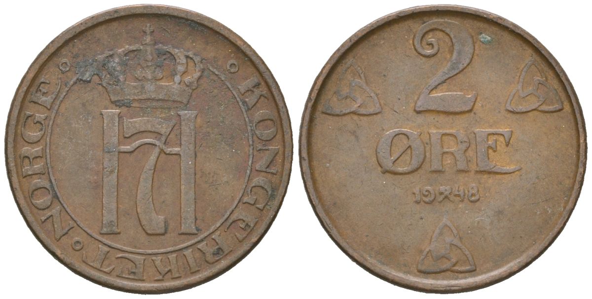 Норвегия 2 эре 1948 Хокон VII (1905-1957) KM 371 бронза 3955-165