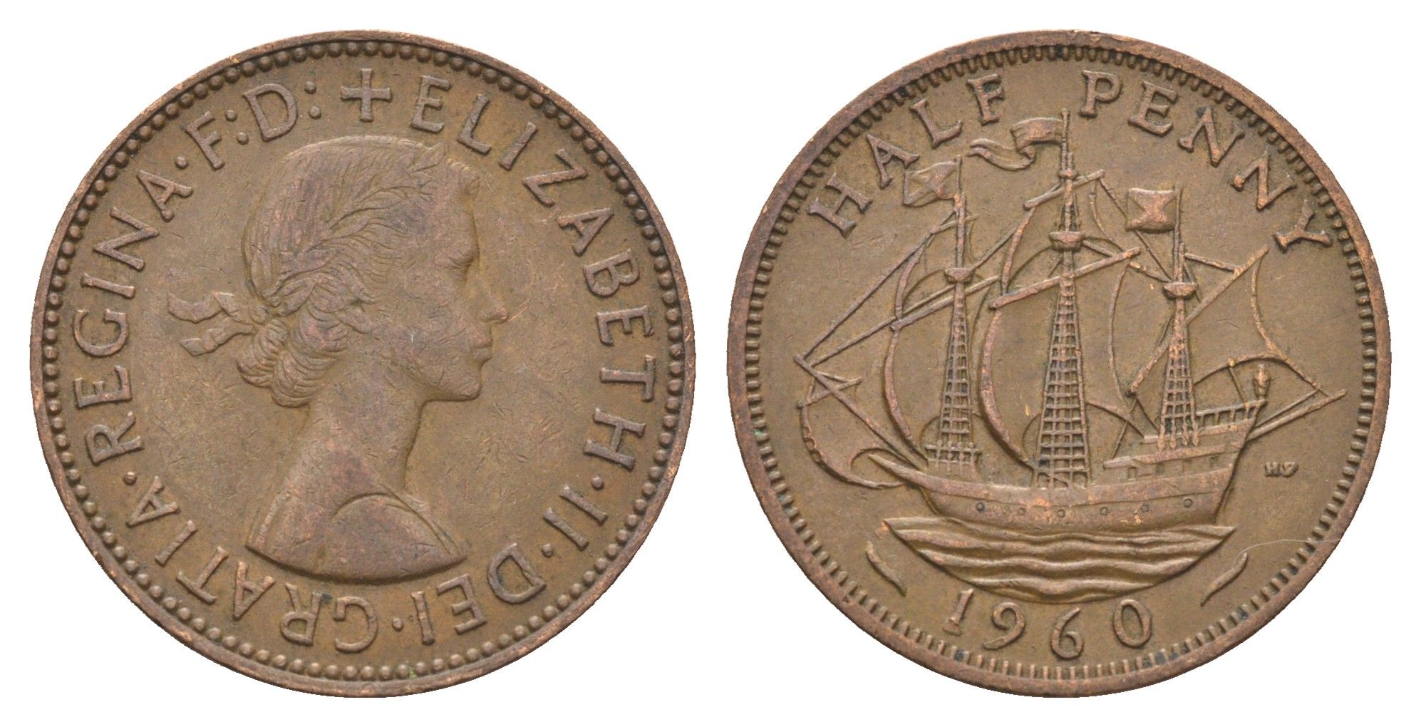 Великобритания 1/2 пенни 1960 Елизавета II (1952-2022) KM 896, Spink 4158 бронза 4662-1156