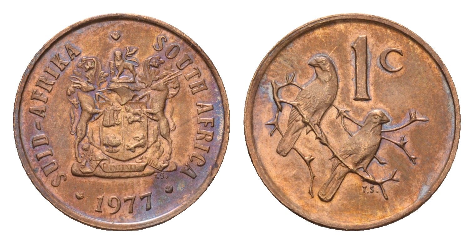 ЮАР 1 цент 1977 герб, капские воробьи, первый год KM 82 бронза UNC 4643-244