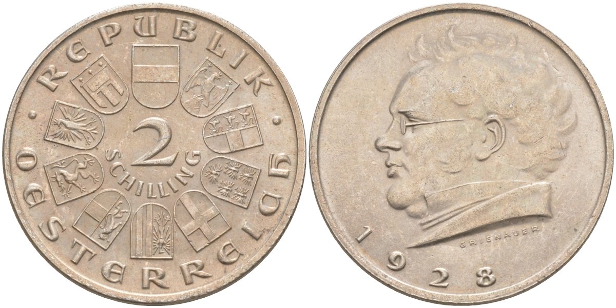 Австрия 2 шиллинга 1928 100 лет со дня смерти Франца Шуберта KM 2843 серебро 4536-833