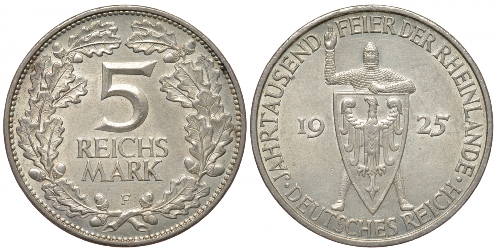 Германия 5 марок 1925 F, 1000 летие Рейнланда Weege 25, J. 322, KM 46 серебро UNC 00-809-27