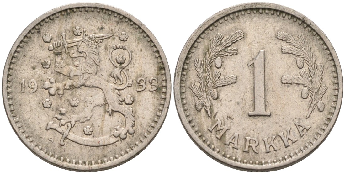 ФИНЛЯНДИЯ 1 МАРКА 1933 S KM 30 медно-никель 4563-635