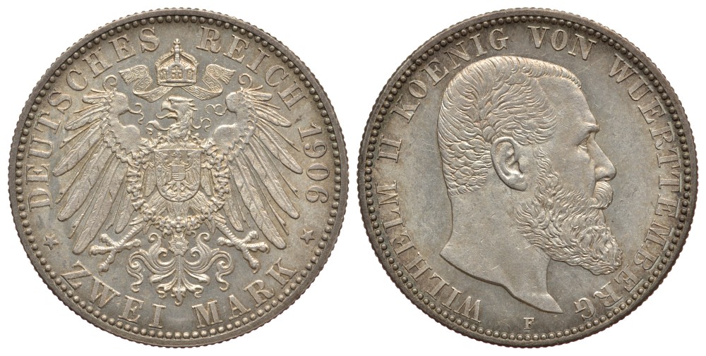 Вюртемберг 2 марки 1906 F, ВИЛЬГЕЛЬМ II (1891-1918) Weege 170, J. 174, KM 631 серебро 413-4931