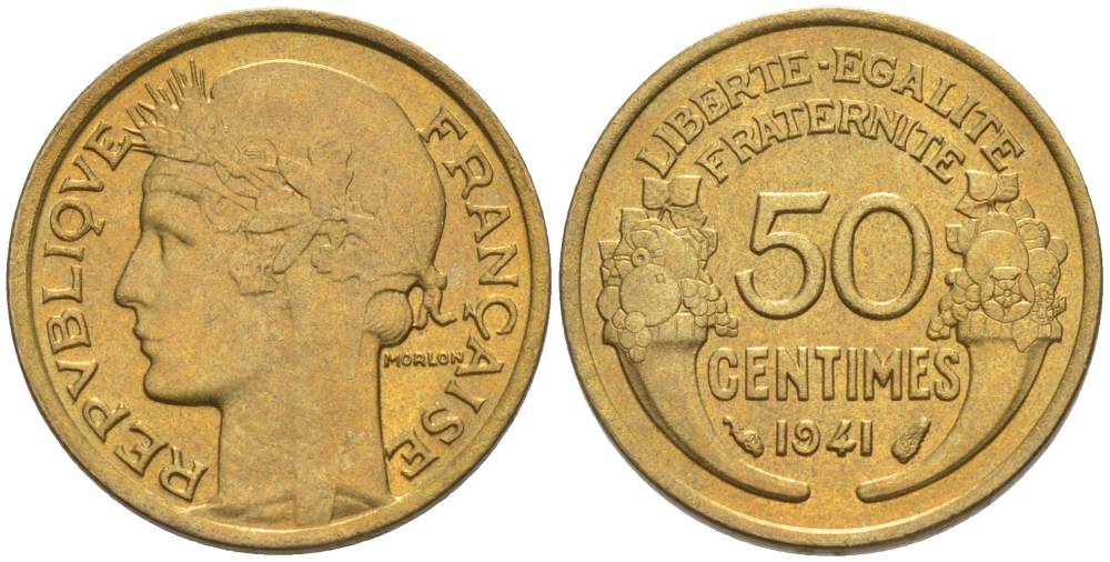 ФРАНЦИЯ 50 САНТИМОВ 1941 ТИП MORLON KM 894.1, LE FRANC 192.18 алюминиевая бронза 44-658