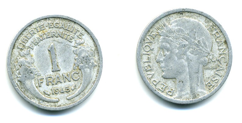 ФРАНЦИЯ 1 ФРАНК 1945 KM 885а.1 алюминий 45-931