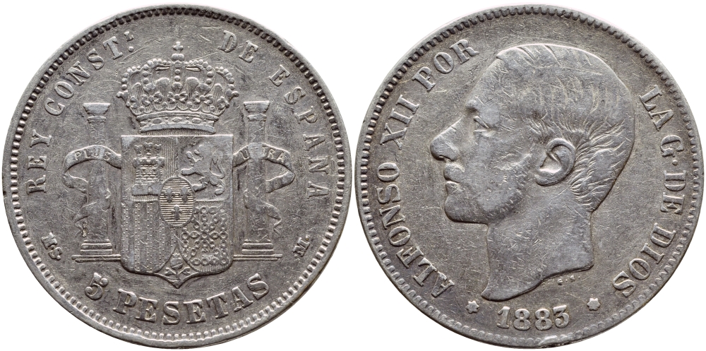 Испания 5 песет 1883 (83) MS-M, АЛЬФОНСО XII KM 688 серебро 02-224-31