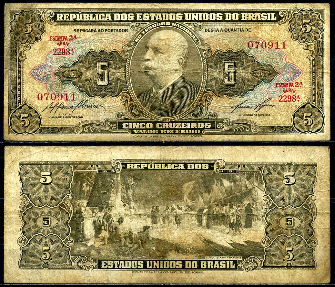 Бразилия 5 крузейро 1953-1959 серия 2298, Estampa 2A, signatures: Affonso Almino & Lucas Lopes Pick 158е бумага 6278-51-2-2