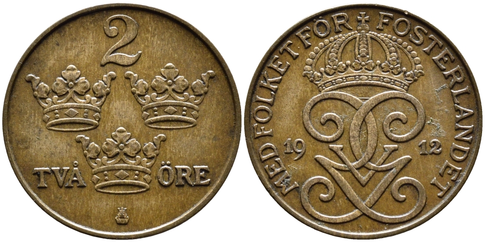 Швеция 2 эре 1912 Густав V (1907-1950), редкий год KM 778 бронза 54-1356