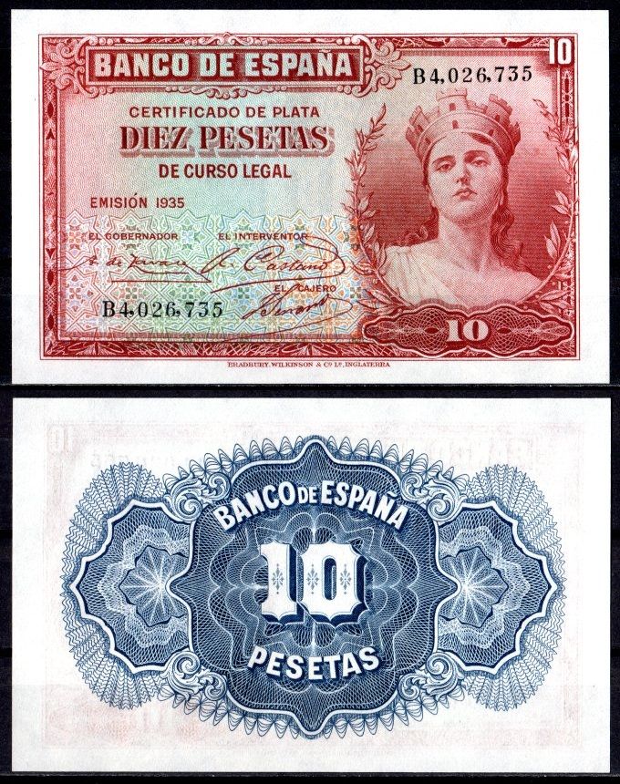 Испания 10 песет 1935 Pick 86 бумага UNC (пресс) 8621-32-1-2
