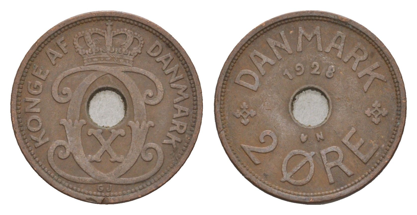 Дания 2 эре 1928 N, Кристиан X (1912-1947) KM 827 бронза 4658-224