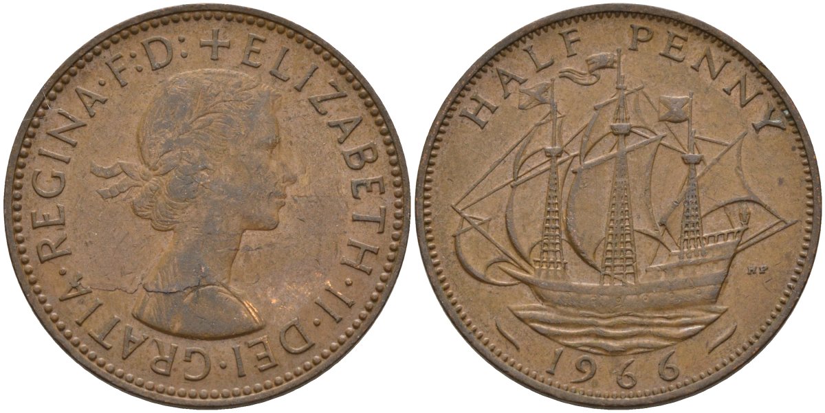 Великобритания 1/2 пенни 1966 Елизавета II (1952-2022) KM 896, Spink 4158 бронза 4146-315