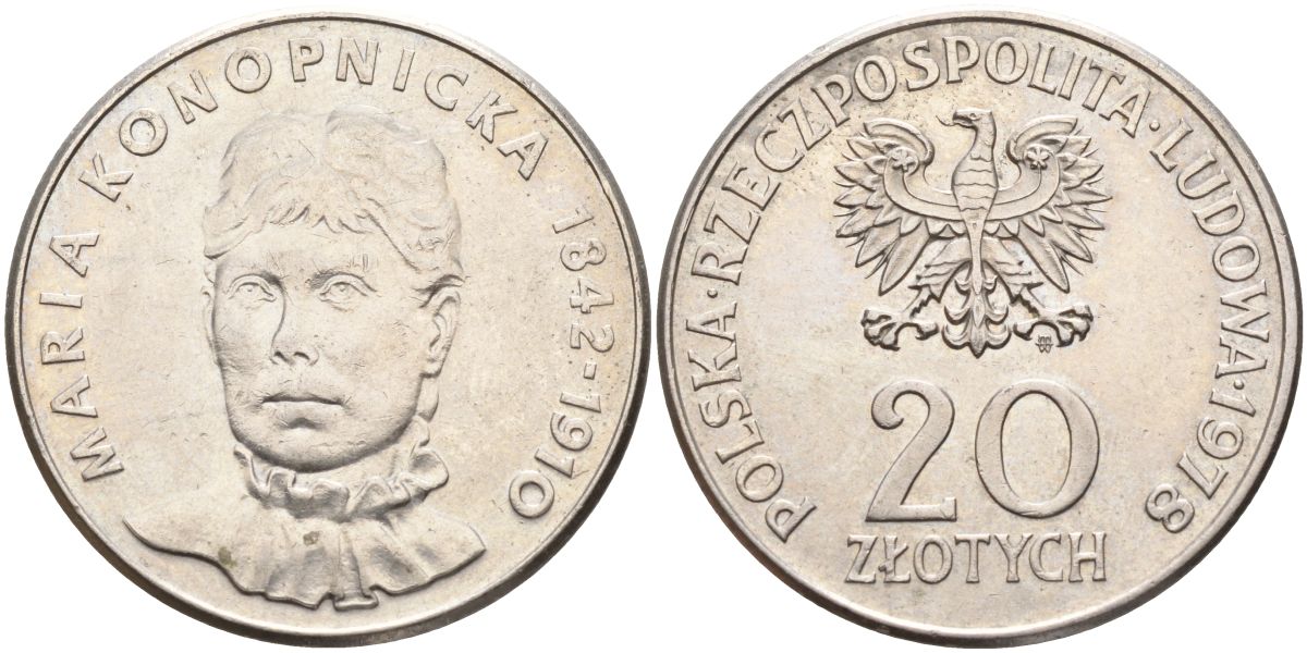 Польша 20 злотых 1978 MW, Портрет Марии Конопницкой (1842-1910) KM 95 медно-никель 4517-1123