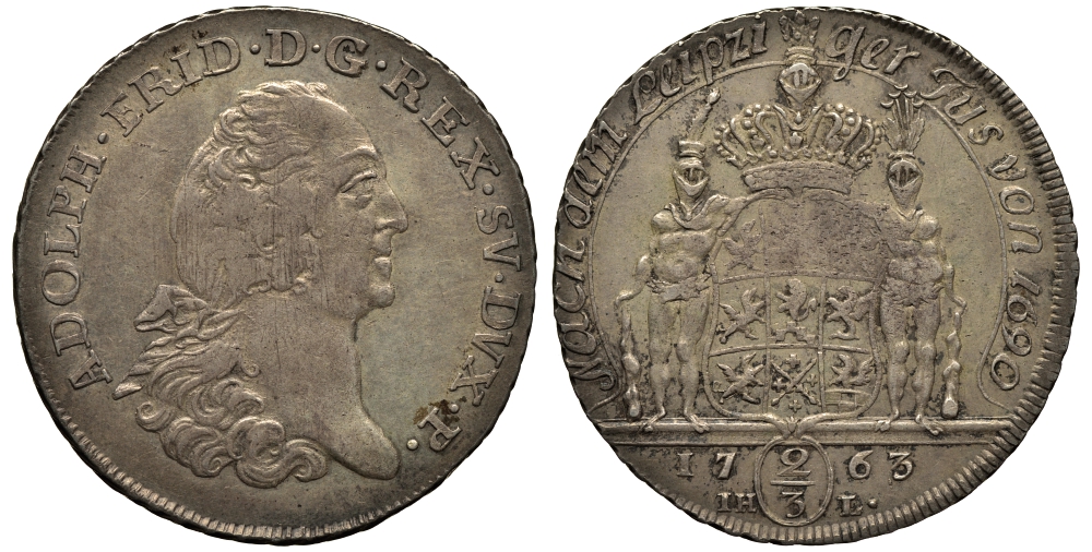Померания 2/3 талера 1763 Адольф Фридрих, король Швеции KM 421, Dav. 772 серебро 10-005-17