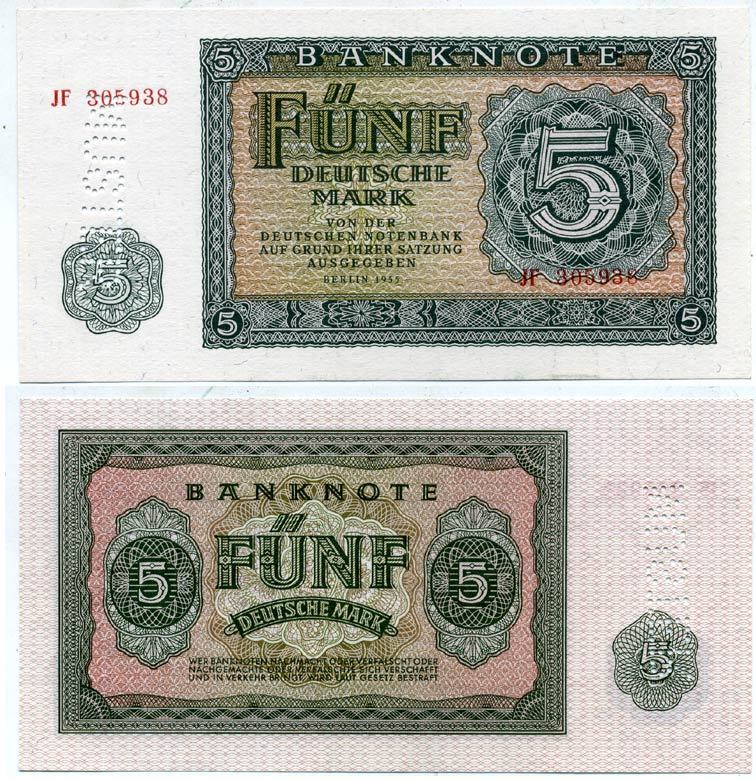 ГДР 5 марок 1955 MUSTER, образец, перфорация Pick 17s, Ro.349a бумага UNC (пресс) 000-00-00