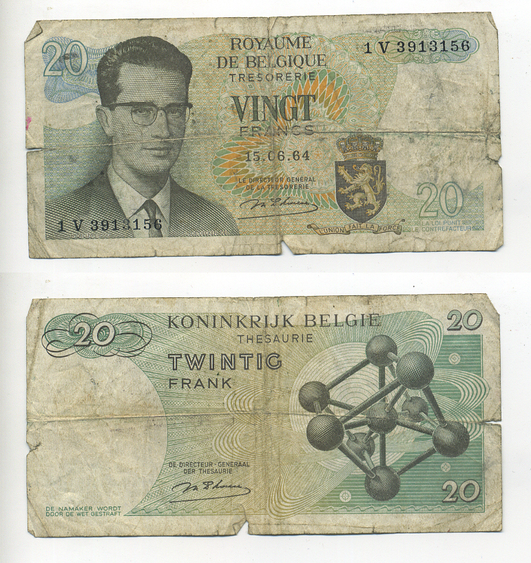 Бельгия 20 франков 1964 Бодуэн I, атомиум, d Haeze Pick 138 (1) бумага 6280-66-2-2