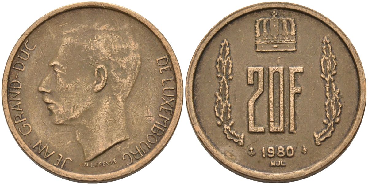 Люксембург 20 франков 1980 герцог Жан (1964-1999) KM 58 алюминиевая бронза 4126-326