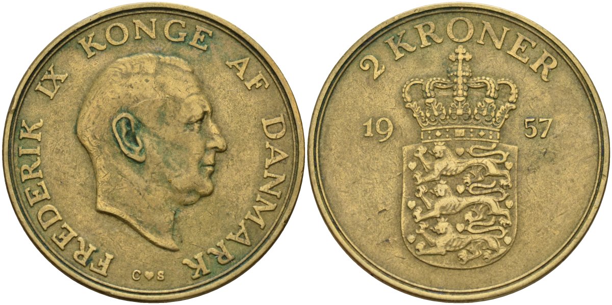 Дания 2 кроны 1957 Фредерик IX (1947-1972) KM 838 алюминиевая бронза 4140-124