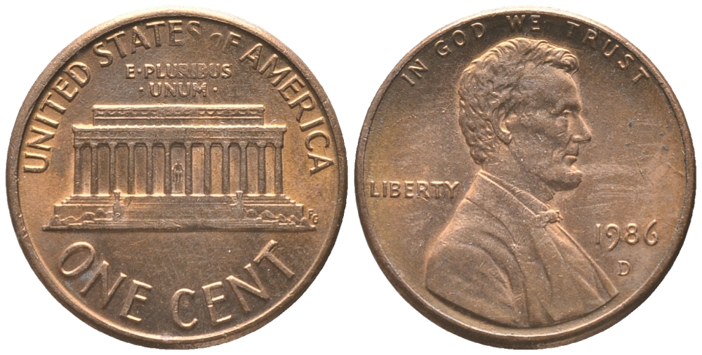 США 1 ЦЕНТ 1986 D, ЛИНКОЛЬН KM 201b цинк плакированный медью 100-1055