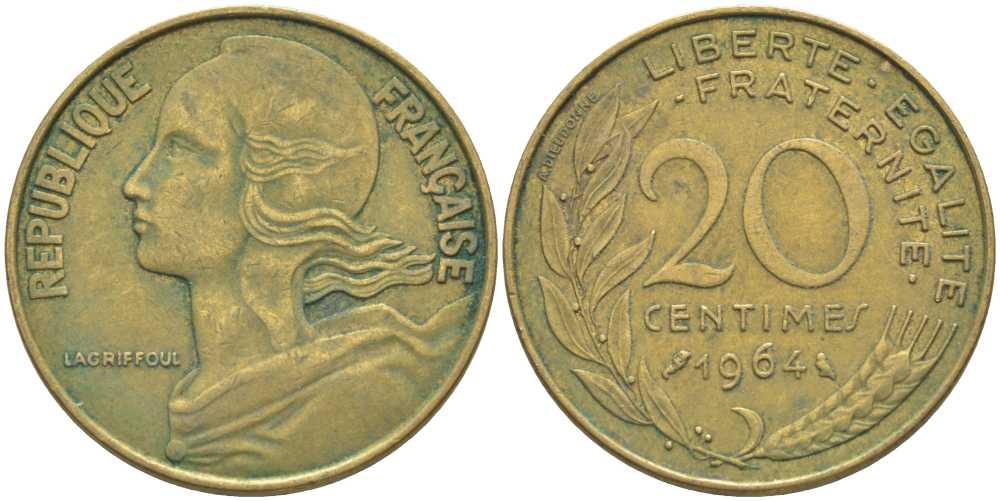 ФРАНЦИЯ 20 САНТИМОВ 1964 ТИП MARIANNE KM 930, LE FRANC 156.4 алюминиевая бронза 175-825