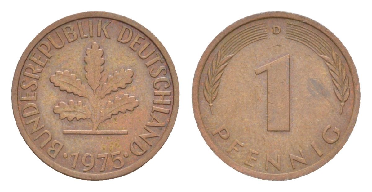ФРГ 1 пфенниг 1975 D KM 105, J.380 сталь плакированная медью 4630-867