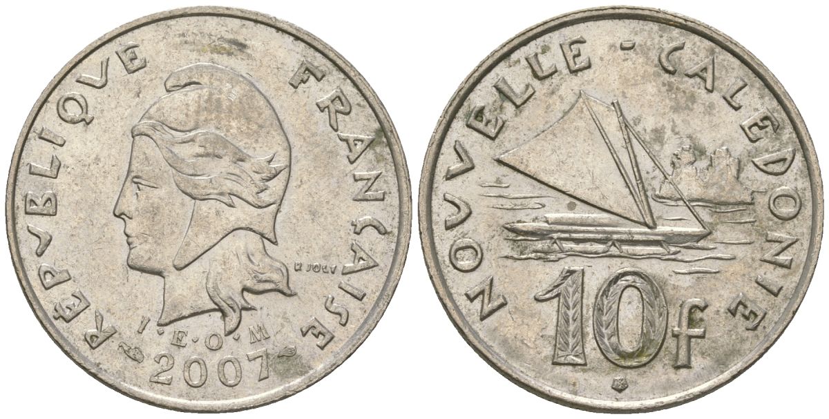 Французская Новая Каледония 10 франков 2007 рыбачья парусная лодка, (IEOM) KM 11a, Schoen 13a, Lec 99k медно-никель 56-632