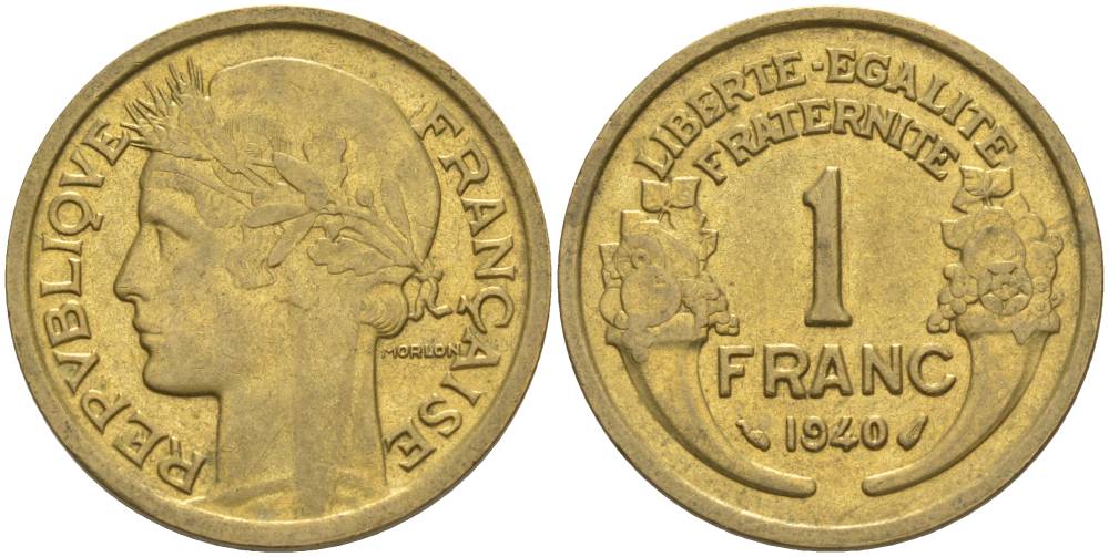 Франция 1 франк 1940 тип Морлон KM 885, LE FRANC 219.11 алюминиевая бронза 3853-221