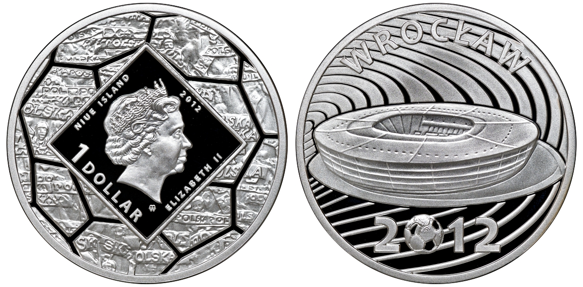 Ниуэ 1 доллар 2012 футбол чемпионат, стадион во Вроцлаве, в оригинальной коробке с сертификатом тираж 1000 шт. KM NEW серебро PROOF 00-00