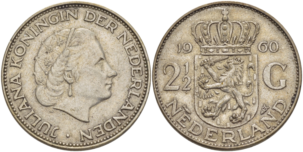 Нидерланды 2 1/2 гульдена 1960 Юлиана (1948-1980) KM 185 серебро 82-1212