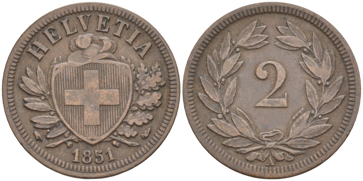 Швейцария 2 раппена 1851 А KM 4.1 бронза 4390-817
