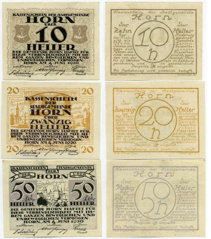 Австрия, Хорн набор из 3 банкнот 10, 20, 50 геллеров 1920 4 июня 1920, нотгельд, земля Нижняя Австрия   бумага  UNC (пресс) 7555-24-1-2