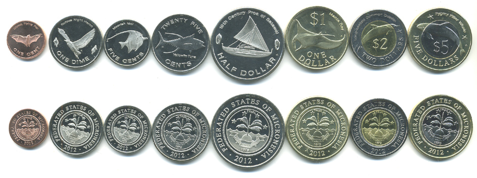 Микронезия набор из 8 монет 2012 (1, 5, 10, 20, 50 центов, 1, 2, 5 долларов), животные, две монеты биметалл UNC N2-34