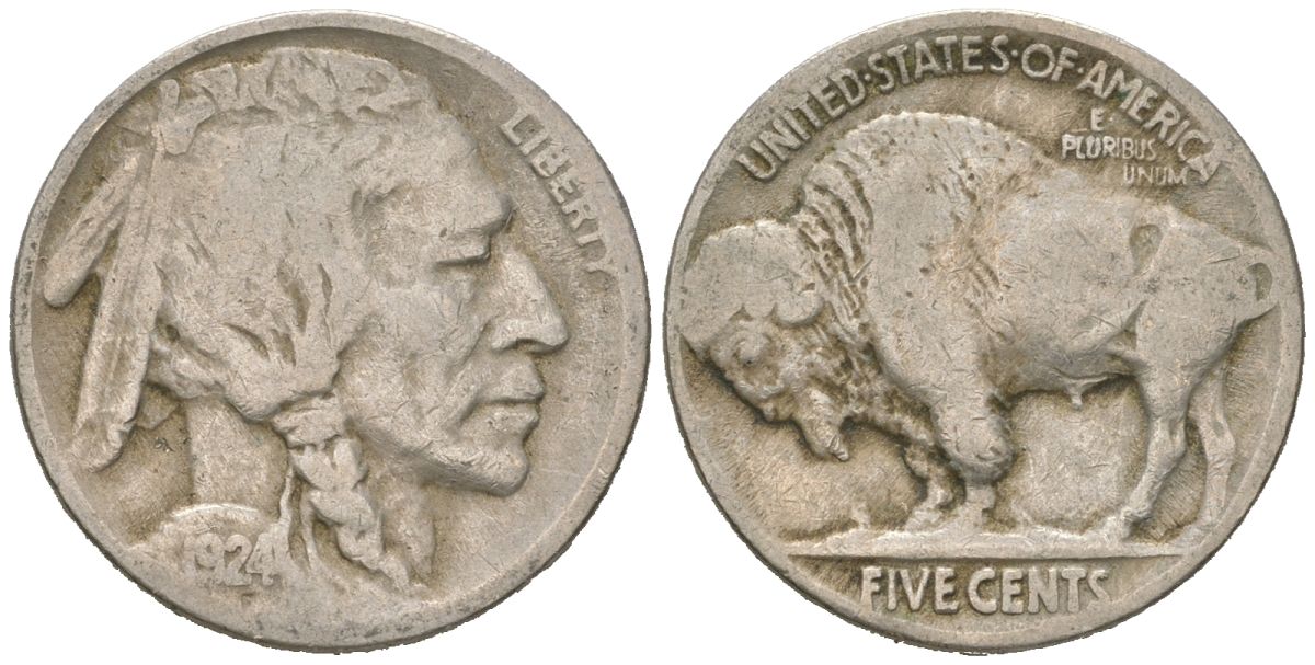 США 5 центов 1924 индеец, бизон KM 134 медно-никель 4614-1056