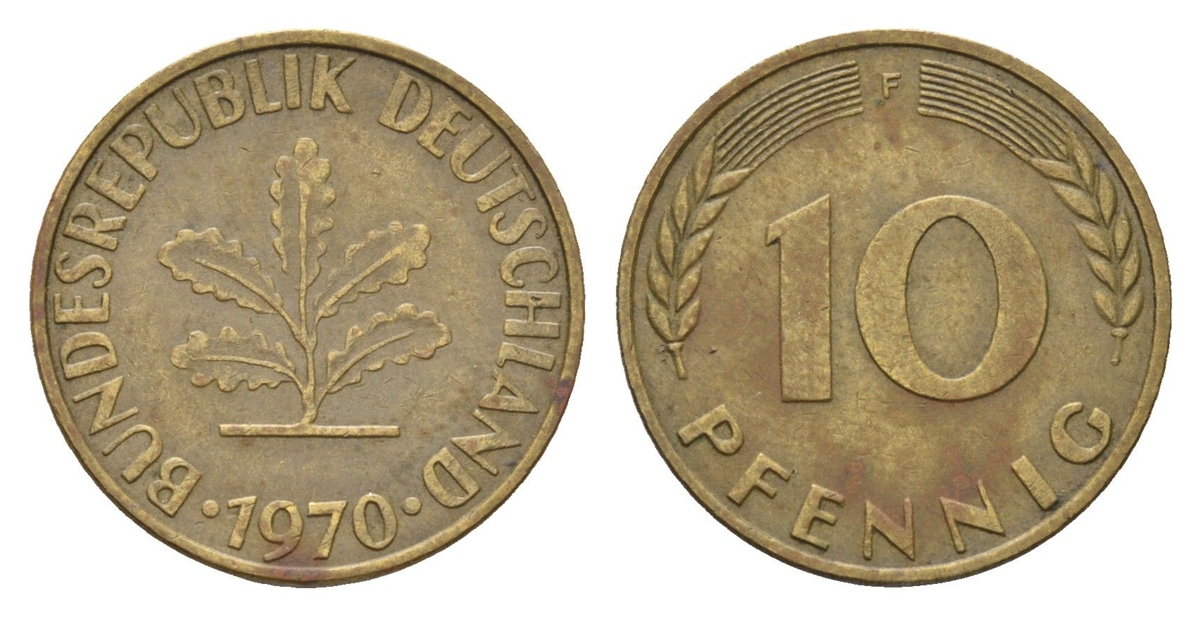 ФРГ 10 пфеннигов 1970 F KM 108, J. 383 сталь плакированная латунью 4618-1229