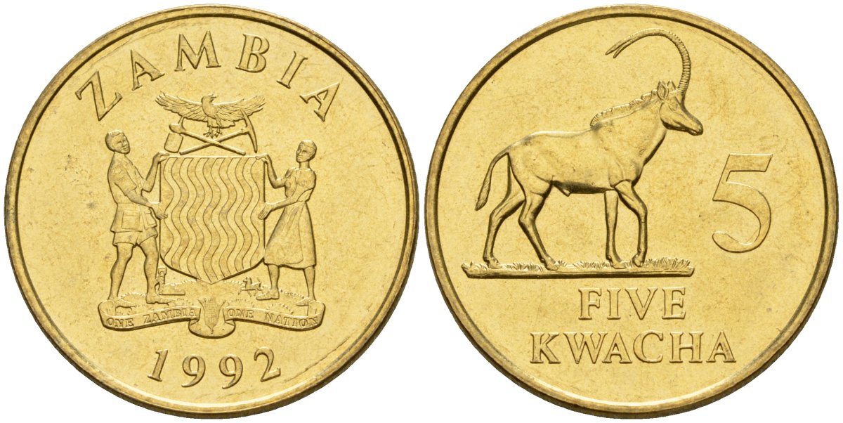 Замбия 5 квач 1992 KM 31 латунь UNC 00-00