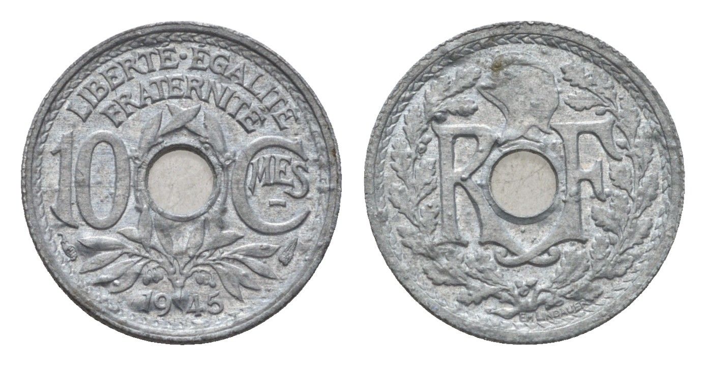 Франция 10 сантимов 1945 KM 906 цинк 58-163