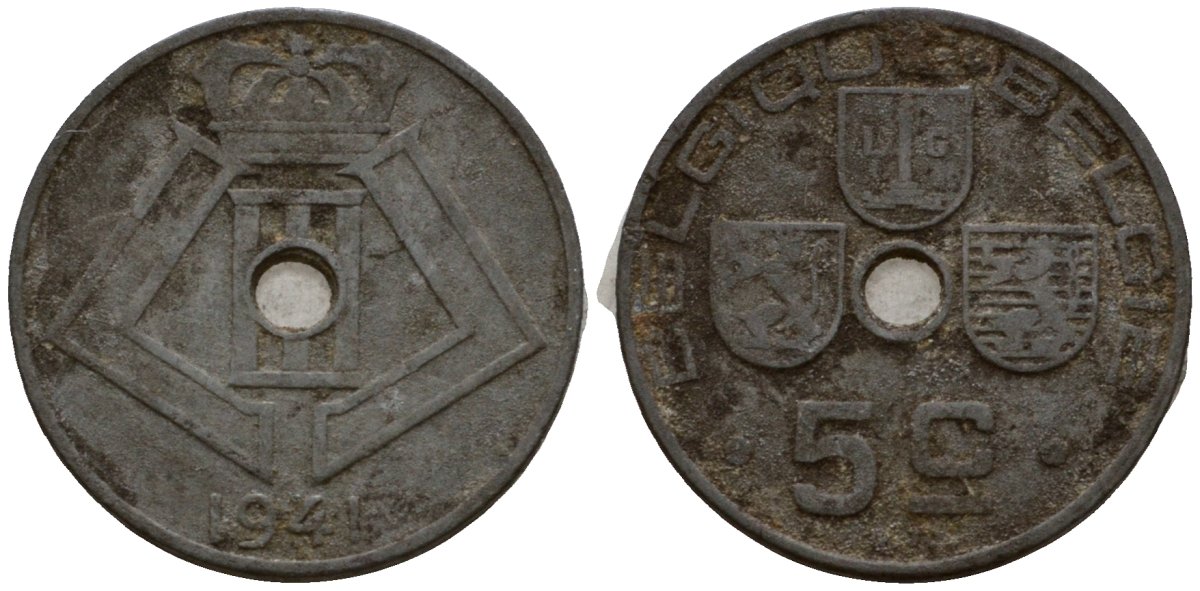 Бельгия 5 сантимов 1941 Belgique - Belgie KM 123 цинк 4602-141