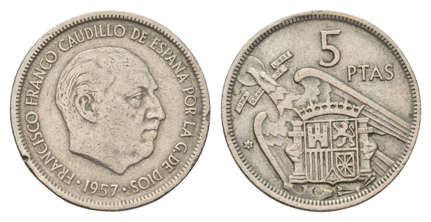Испания 5 песет 1957 (68) Франсиско Франко (1939-1975) KM 786 медно-никель 4707-327