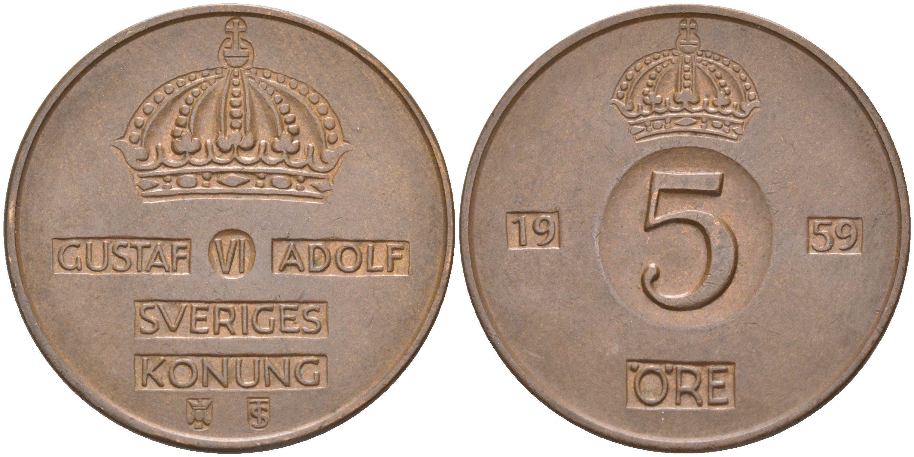 Швеция 5 эре 1959 U, Густав VI Адольф (1950-1973) KM 822 бронза 98-411