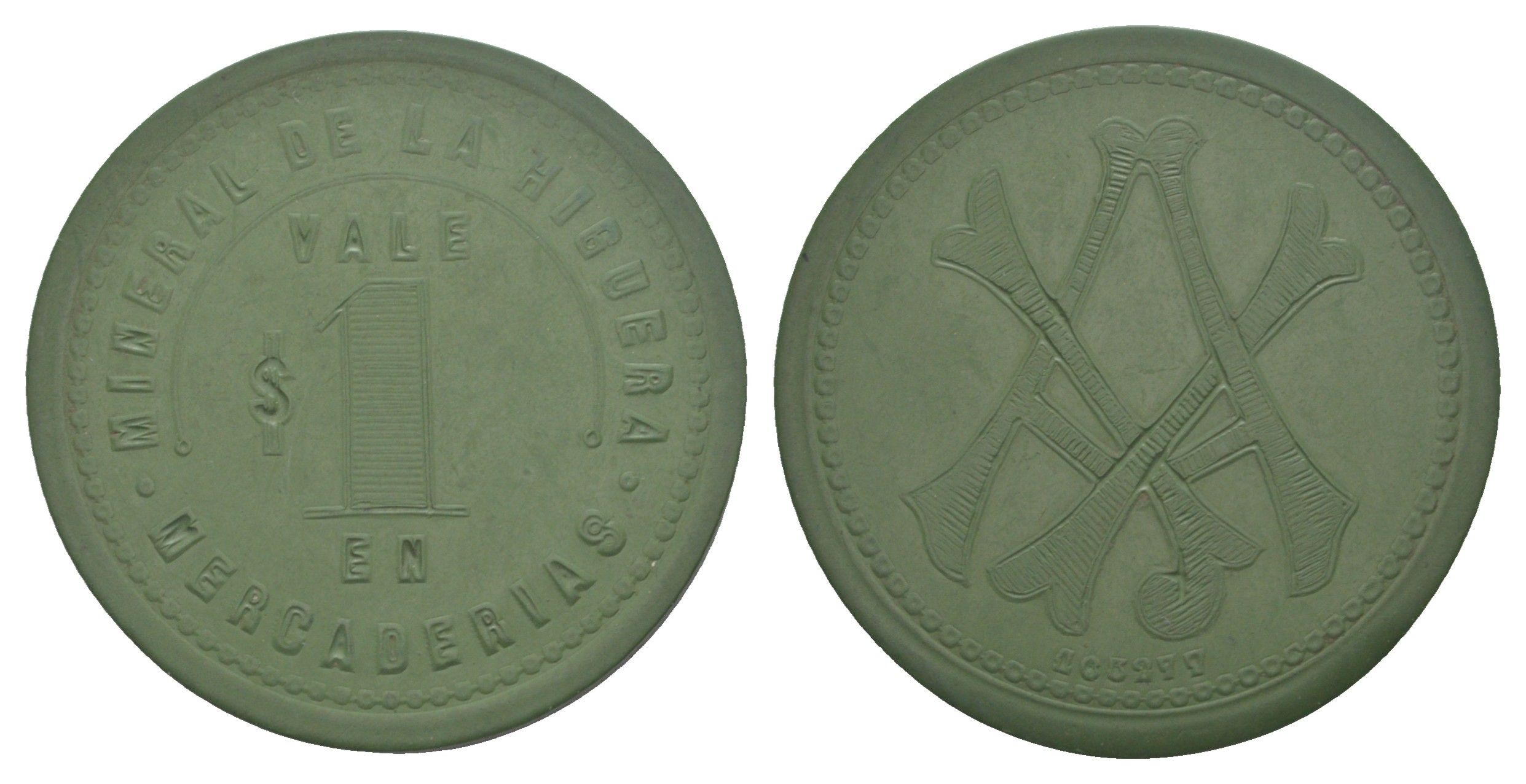 Чили, рудник Рудник Ла-Игера шахтерский жетон с Медного рудника для покупки в местных магазинах, номиналом в 1 песо конец XIX века диаметр 40 мм, вес 4,9 гр не описан в Espinosa эбонит (зеленый) 1066-1-61