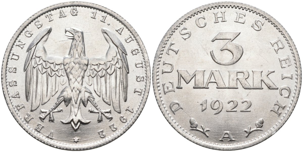 Германия 3 марки 1922 A, третья годовщина Веймарской Конституции KM 29, J.303 алюминий UNC 4587-133